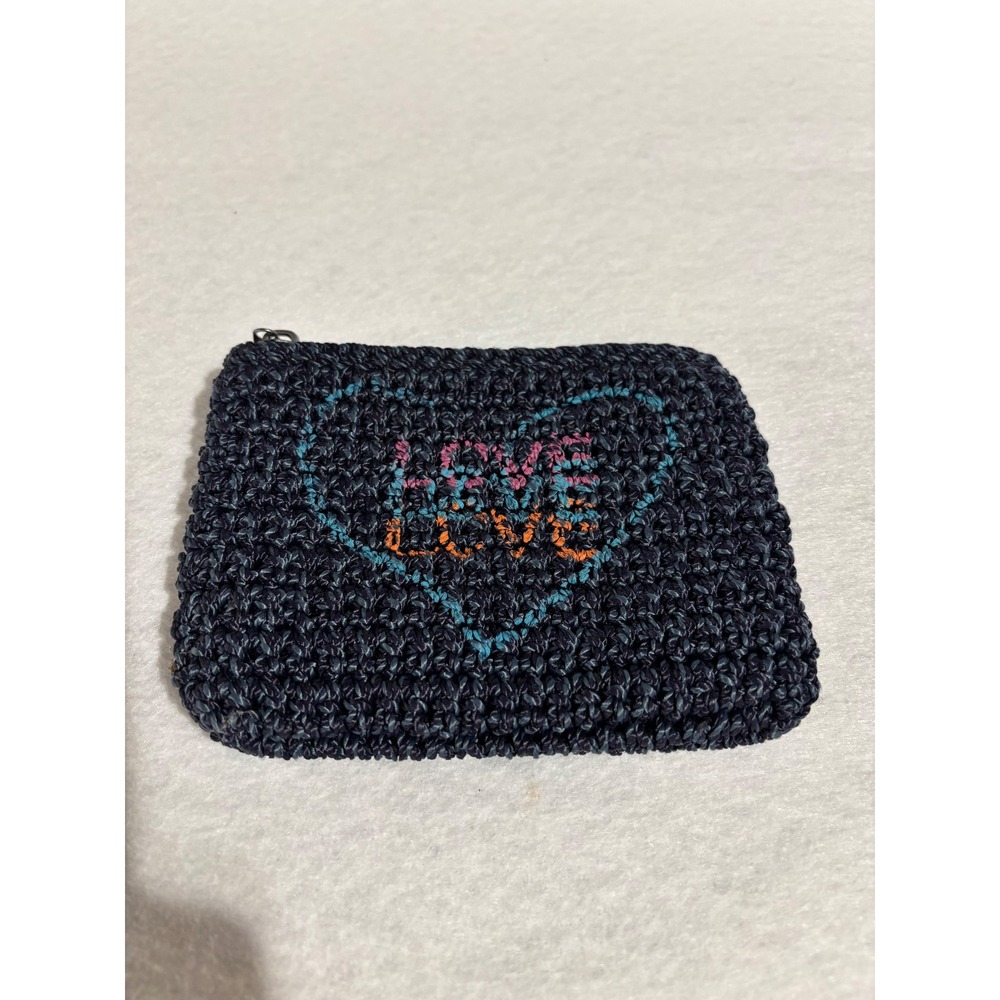 The Sak Crochet Coin Purse Navy Blue Embroidered Heart Love Zip Pouch Pocket Bag